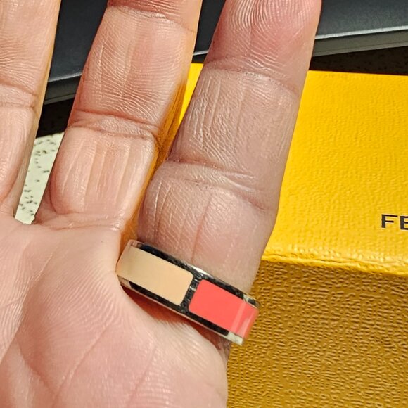 Fendi The Fendista Bi-color Enamel Silver Tone Band Ring - Picture 3 of 8